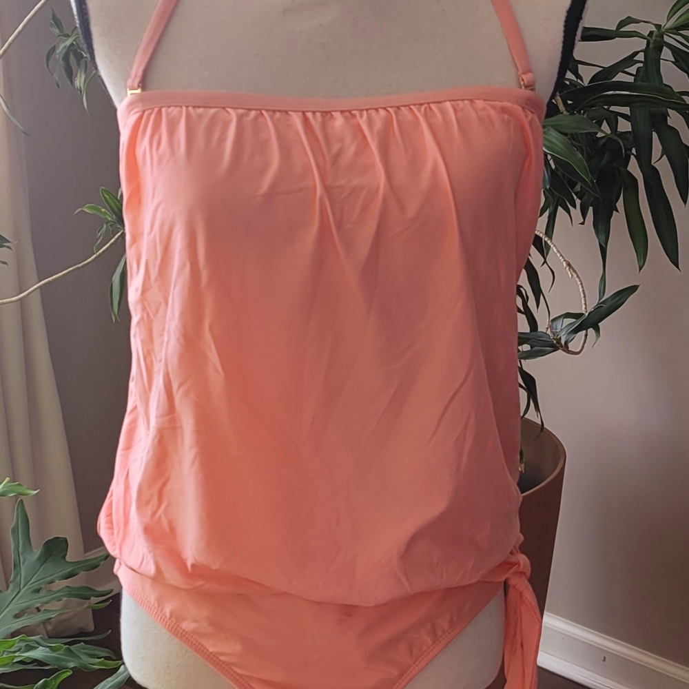 NWT- Athena Swimsuit Peach Halter Top & Stripe Bikini Bottom, Made in USA, Sz 10